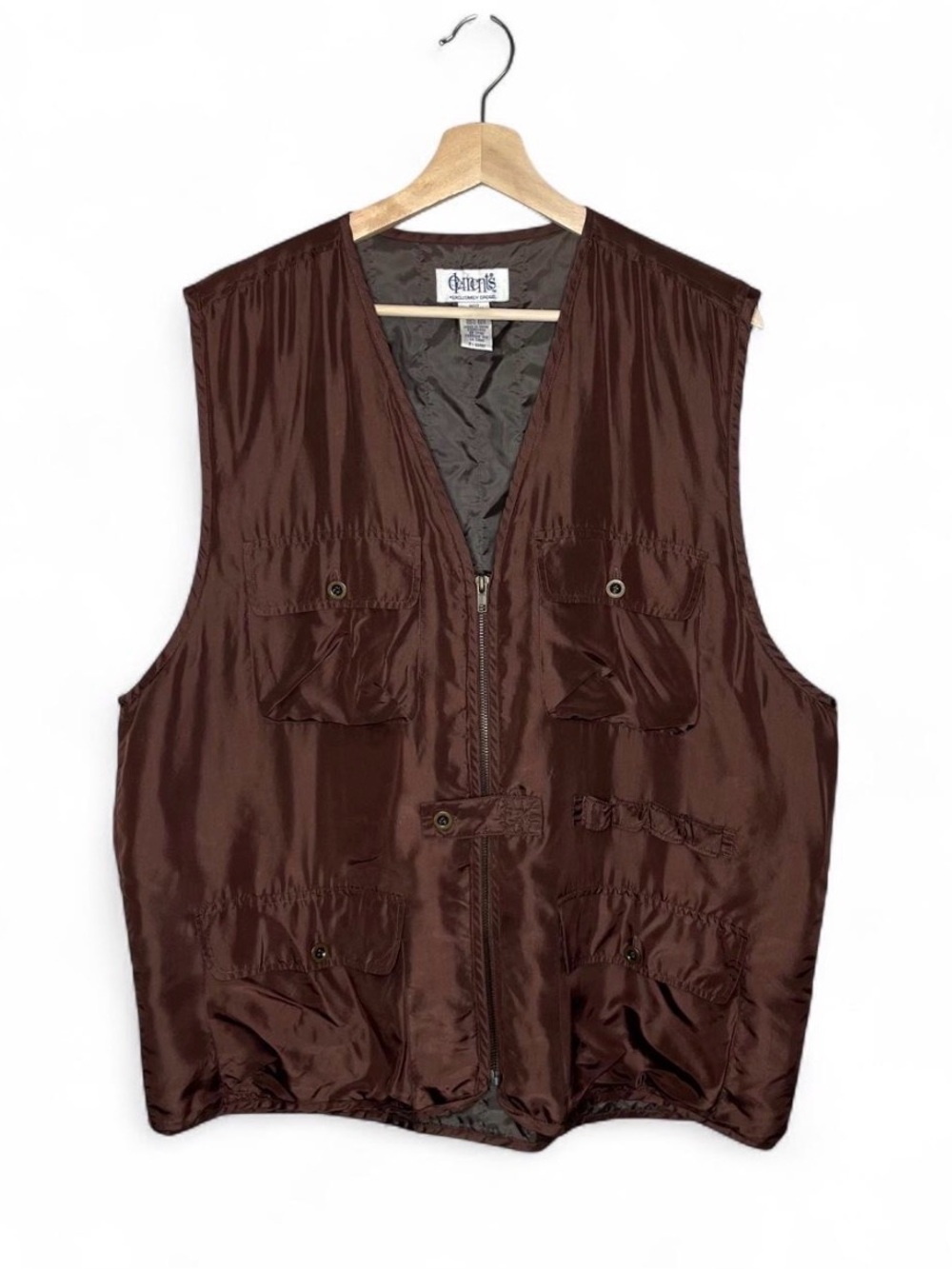 Vintage Elements Chocolate Brown 100% Silk Safari Cargo Zip Up Vest